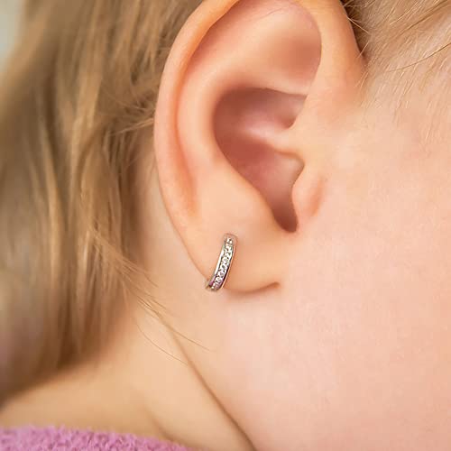 In Season Jewelry 14k White Gold 7mm Hoop Earrings with Clear Cubic Zirconia, for Toddlers and Little Girls - Huggie Hoop Earrings3