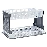 TIENDA EURASIA – Escurreplatos de Plastico | Escurridor de Platos 2 Alturas con Bandeja | Plástico con Textura Ratan | Gran Capacidad y Resistencia | Medidas 30.3 x 8.5 x 44.5 cm (Blanco)