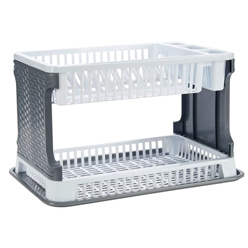 TIENDA EURASIA® Scolapiatti in plastica, scolapiatti 2 altezze con vassoio, texture rattan, grande capacità e resistenza, 30,3 x 8,5 x 44,5 cm (bianco)