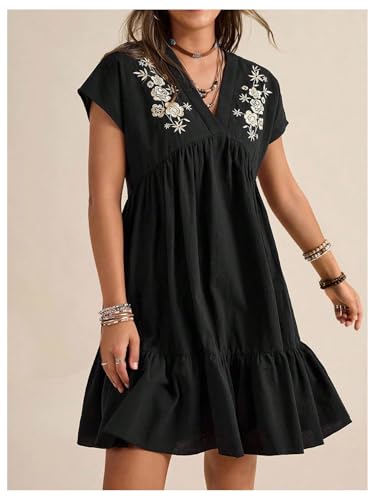 Verdusa Women's Boho Western Cowgirl Floral Embroidery Dress Short Sleeve V Neck Ruffle Short Dresses3