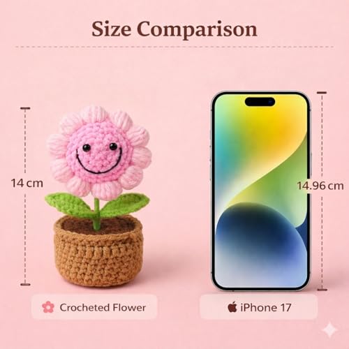 Image of 14CM Height Handmade Crochet Smiling Flower Pot for Home & Office Decor, Cute Aesthetic Desk Showpiece, Positive Vibes Table Decor, Thoughtful Gift for Friends & Loved Ones (Joy Bloom Pink)