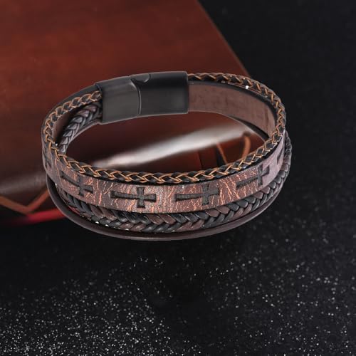 Cross Bracelet for Men,Black/Brown Multi-Layer Leather Cross Bracelet with Stainless Steel Buckle Religious Wristband Christian Jewelry 21 cm 8.26 inches4