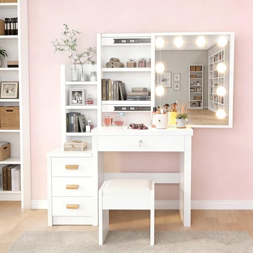 Oyajia Tocador con 10 luces LED y taburete, tocador con espejo LED, 4 cajones, estantes abiertos, tocador blanco pequeño moderno para el dormitorio, vanidad, 80 x 36 x 135 cm