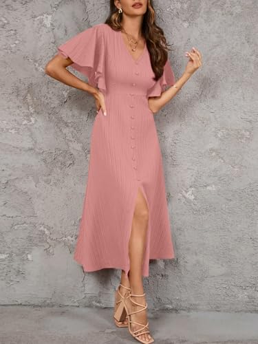 Image of Shasmi Girl's & Women's Pleated Midi Dress with Flutter Sleeves | V-Neck Western Dress for Women | Elegant A-Line Summer Outfit | Office & Casual Wear (Dress 244)