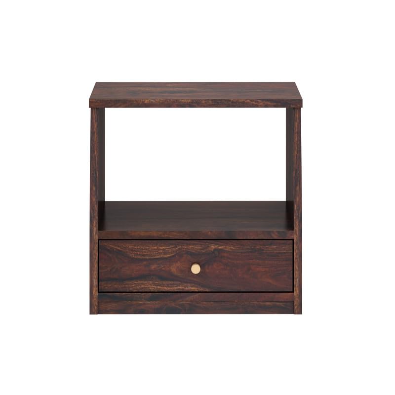 Image of Solid Sheesham Wood Bedside Table with 1 Drawer & 1 Open Shelf Storage for Bedroom, End Table, Side Table for Living Room Home (Walnut Finish)
