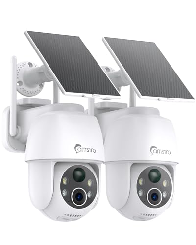 CAMSTRO Lot de 2 Caméras Surveillance WiFi Exterieure sans Fil, 2.4GHz Camera Solaire Exterieur PTZ 360° avec Détecteur de Mouvement PIR, Vision Nocturne...