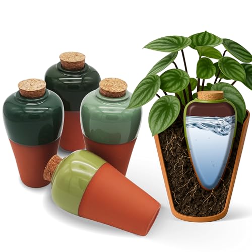 Cozy Chrysalis Terracotta Self Watering Planter Insert - Set of 4 Clay Ollas with Slim Bottom for Easy Soil Insertion, Glazed Top, Plant Watering Globes for Indoor & Outdoor
