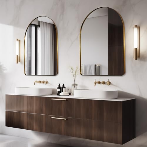 Image of 30x40 Inch Gold Bathroom Mirror, Arch Top Design Stainless Steel Mteal Frame, Brass Arch Mirrors for Wall Ideal for Bathroom, Entry, Living Room