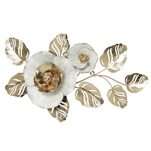 Touch of Class Summer Reflections Floral Style Metal Wall Art | Ivory, Silver, Gold | Leaves with Flowers | Botanical Artwork for Bedroom, Living Room, Bathroom, Hallway, Entryway