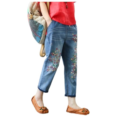 Womens Harem Capri Jeans Flowers Embroidery Vintage Ripped Holes Lace-Up Elastic High Waist Summer Casual Trousers