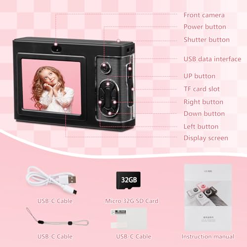 Digital Camera,FHD 1080P Kids Camera with 32GB Card,48MP 8X Zoom Digital Point and Shoot Camera,Anti-Shake,Front Camera,Lanyard,Compact Small Travel Vintage Camera Gifts for Teens Kids Boys Girls