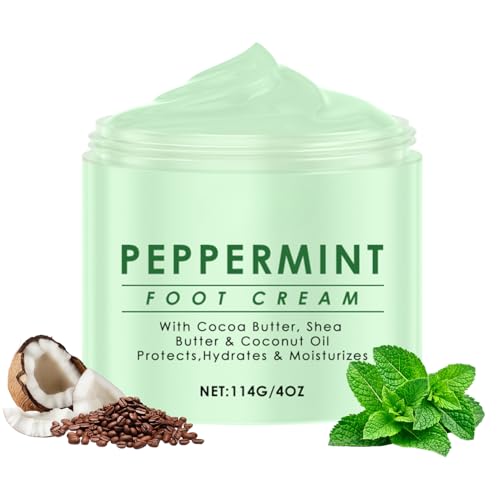 Peppermint Foot Cream,Athletes Foot Treatment,Foot Cream for Cracked Heels and Dry Skin,Foot Care Moisturiser with Coconut Oil,Callus Remover and Soften,Cracked Heel Cream,114G