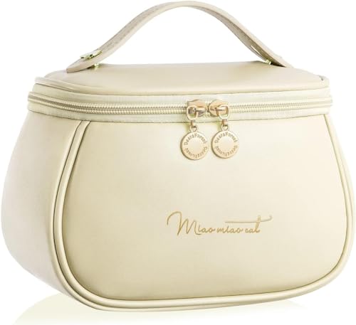 Zollyss Leather Cosmetic Organizer Bag Makeup Pouch For Women Travel Toiletry Bag For Cosmetics Brushes Accessories Waterproof Zippered Cosmetic Bag Portable Carry Pouch (White)