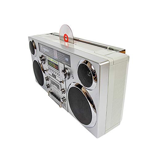 GPO Brooklyn 1980S-Style Portable Boombox - CD Player, Cassette Player, FM Radio, USB, Wireless Bluetooth Speaker - Silver