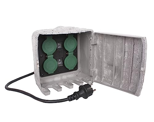 Steinoptik Gartensteckdose mit 4 Steckdosen | Aussensteckdose mit 3m Kabel und Erdspieß | Steckdosen mit Dämmerungssensor (ON/Auto) ideal für Weihnachtsbeleuchtung | Farbe: Granit grau (Granit grau)