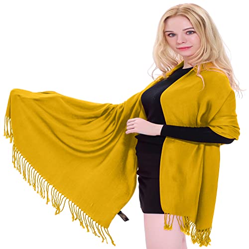 CJ Apparel Amber Yellow Solid Color Tassels Design Nepalese Shawl Seconds Scarf Wrap Stole Throw Head Wrap Pashmina Hand Made in Nepal New2