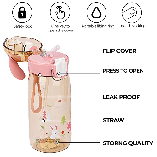 Image of Zest 4 Toyz Bunny Ear Water Bottle for Kids Leak-Proof Sipper Bottle with Flip Straw BPA-Free Portable School Bottle with Strap for Boys & Girls- Brown (550ML)