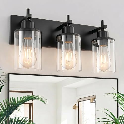 Lanhall 3-Light Black Bathroom Light Fixture Over Mirror Modern Farmhouse Bathroom Vanity Light Vintage Wall Lighting with Clear Glass Shade for Bathroom, Bedroom, Hallway, Cabinet