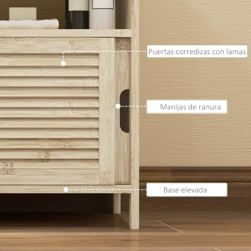 Miniatura 6 de Homcom Mueble Bajo Lavabo De Bambú, Armario Debajo De Lavabo Con Puertas Correderas De Lamas, Compartimento Abierto, Estilo Moderno, 60x30x60 Cm, Natural