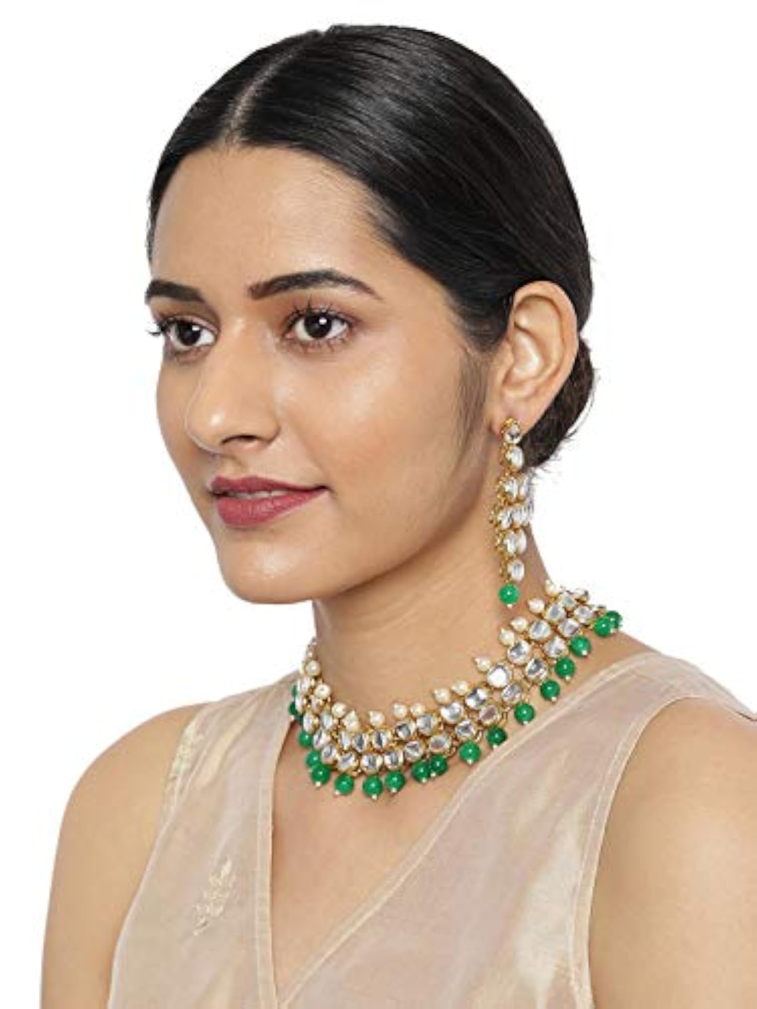 Kundan & Green Beads Necklace Set For Women