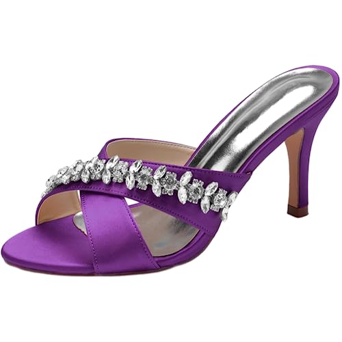 Mule bout ouvert strass violet femme sandales fête mariage talon aiguille 38