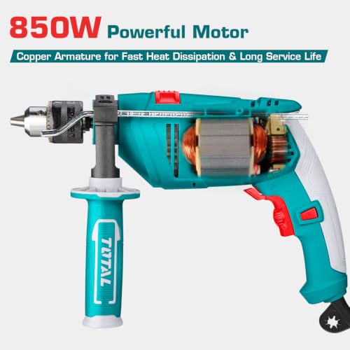 Image of TOTAL 850W Impact Drill Machine, 13mm Chuck, Variable Speed 0-2700RPM, Hammer & Drill Function, Forward /Reverse Switch, Lock-On Button, Electric Drill for Concrete, Wood & Metal