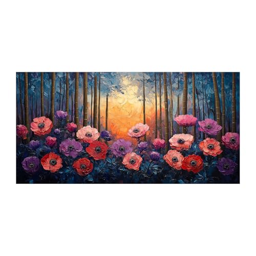 Tableau nature forêt et fleurs graffiti rouge pour decoration murale salon moderne