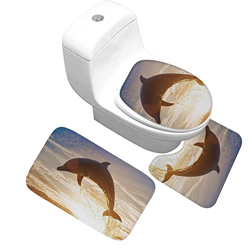 Badteppich Set,Badematten Teppich-Set 3-Teiliges Sonnenuntergang-Delfinspringen 3D-Druck Rutschfeste Badematten Weiche…