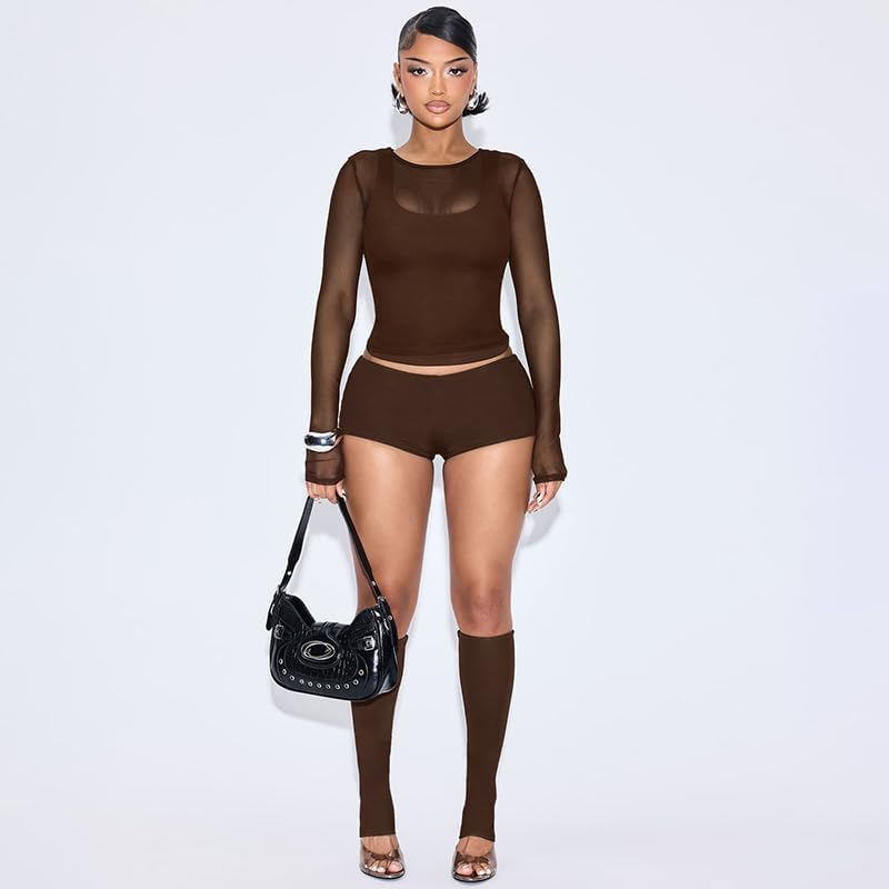 Mandonce Sexy Outfits Mesh Long Sleeve Crop Top Low Cut Vest and Mini Shorts Leg Sleeve Bodycon Y2k Cute 2 Piece Lounge Set - Image 2