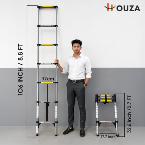 Image of HOUZA 2.7m (8 ft) Steel Telescopic Ladder | 7-Step Foldable Extension Ladder | Portable & Collapsible Ladder for Home, Industrial & Outdoor Use | EN131 Certified | 1 Year Warranty(Silver & Black)