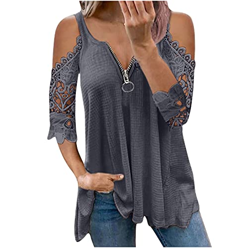 Womens Tops Zipper Bust Textured Sweatshirt Drape Hem Solid Pullover Cold Shoulder Hollow Out Half Sleeve T Shirt