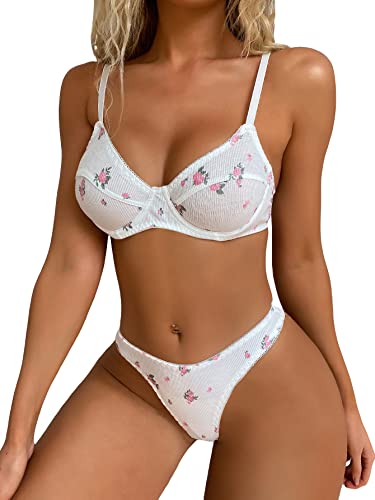 SOLY HUX Women's Floral Print Underwire Lingerie Set Bra and Panty White S