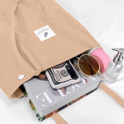 ALUWU Corduroy Tote Bag for Women Canvas Shoulder Purse Cord Handy Bag with Inner Pocket2