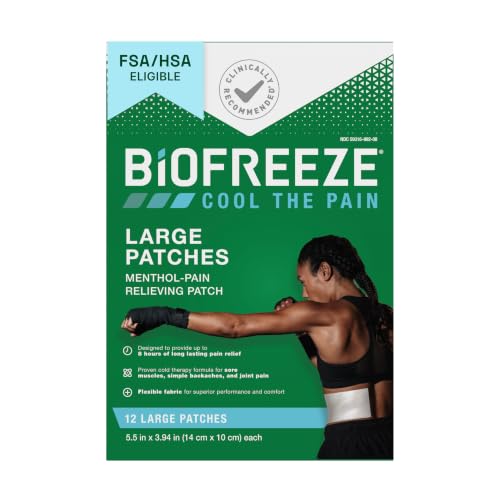 Biofreeze Large Pain Relief Patches, Menthol Pain Patches for Lower Back, Neck, Knee, & Shoulder, 12 ct