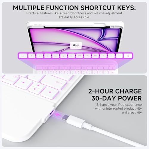Image of Keyboard Case for iPad 11-inch (A16, 2025) and iPad 10th Gen 10.9-inch with Multi-Touch Trackpad, 360 Rotating Kickstand, Portrait & Raised Modes, Detachable Cover, 7-Color Backlight - White