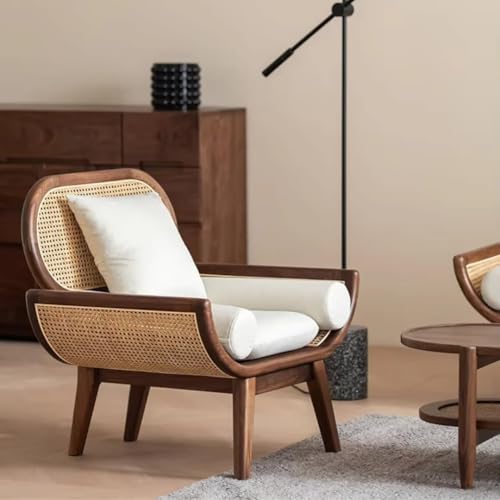 Image of Modern Rattan Cane Sofa with Curved Arms Wooden Frame, Beige Cushions and Throw Pillows Sofa for Living Room, Bedroom, Hallways (1 Seater)