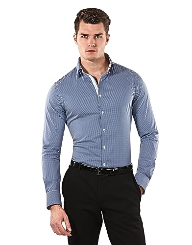 Photo de Vincenzo Boretti Chemise Homme, Coupe particulièrement cintrée Body-fit, élastique-défroissable, mélange de Coton, Manches-Longues, col Kent, à Carreaux - Facile à Repasser Bleu foncé 39-40