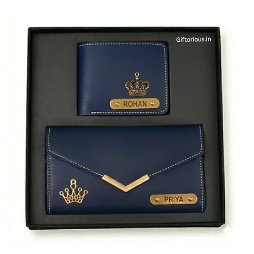 Image of Personalized Couple Wallet Gift Set | Custom Name Engraved Bifold Wallet for Men & Ladies Clutch Combo | Premium Faux Leather | Anniversary Wedding Gift for Husband Wife