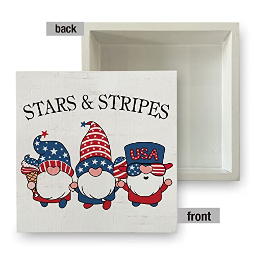 Country Patriotic Gnomes Wood Box Sign Rustic America Flag Patriotism Theme Wooden Box Sign Decorative Summer Sign Block Plaque For Home Office Desk Table Shelf Decor 5"X 5" #TOP2