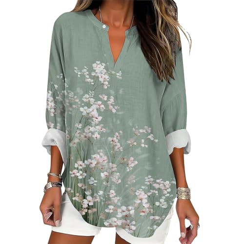 Womens Boho Floral Linen Tops Summer 3/4 Sleeve Tops 2025 V Neck Casual Tunic Tops Loose Fit Shirts Blouses