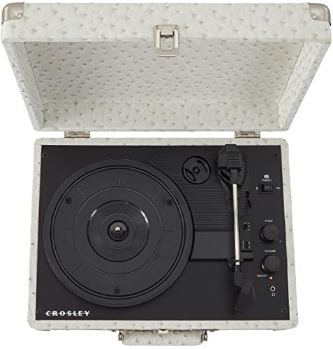 Image of Crosley CR8005F-WO Cruiser Plus Vintage 3-Speed Bluetooth in /Out Suitcase Vinyl Record Player Turntable, White Ostrich