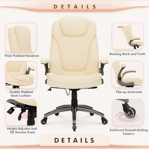 Image of COLAMY Ergonomic High Back Office Chair, Ivory Bonded Leather Executive Desk Chair with Flip-up Arms, Thick Cushion, Silent Nylon Wheels, Adjustable Height & Rocking Function, 300lbs Capacity