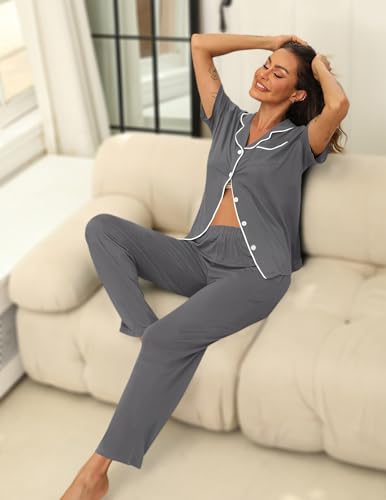 Image of HNG Women Pajamas Set 2 Piece Button Up Pajamas Pant and Short Sleeve Shirt for Woman Pj Sets with Pocket