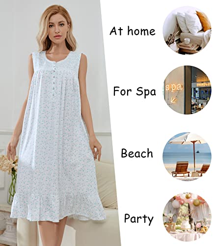 Izzy + Toby Lightweight Cotton Nightgowns For Women Sleeveless Cotton Nightgown Mid-Calf Ladies Nightdress-White Green-L #TOP3