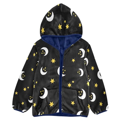 Black Background with Moon Stars Toddler Fleece Jacket Girl Boys Hooded Fleece Jacket Coat Warm Outwear Zip-up 3-10T