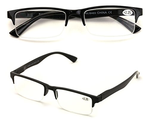 2 Pairs Rectangular Half Rim Reading Glasses - Simple Classic Reader (Black, 2.00)