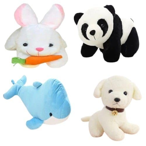 Image of Pack of 4 Elegant Soft Animals Stuffed Plush Fur Soft Toys Combo Set for Kids /Childrens /Boys /Girls Playing Birthday Gift Rabbit,Panda,Dolphine,Dog