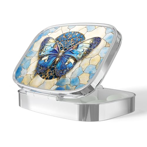 Image of Pill Box-2 Compartment Small Pill Case Portable for Pocket & Purse Single Pill Carrier Pill Container to Hold Vitamins Medication Fish Oil and Supplements BPA-Free(Blue Butterfly)