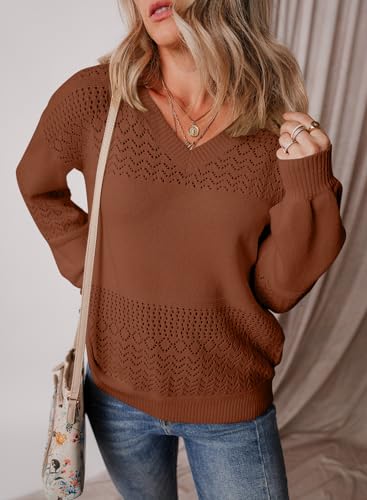 Image of SHEWIN Women's Sweaters Casual Long Sleeve V Neck Crewneck Lightweight Crochet Pullover Sweater Tops