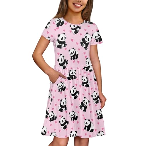 Image of Girls Dress with Pockets Basic Short Sleeve High Waist Swing Skater Dress School Party Dress for Kids